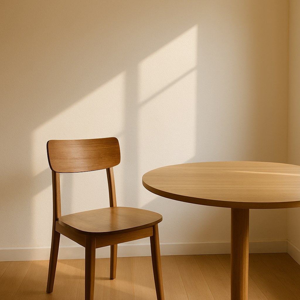 따뜻한 햇빛이 비추는 미니멀한 공간에 나무 테이블과 의자가 놓여 있는 장면