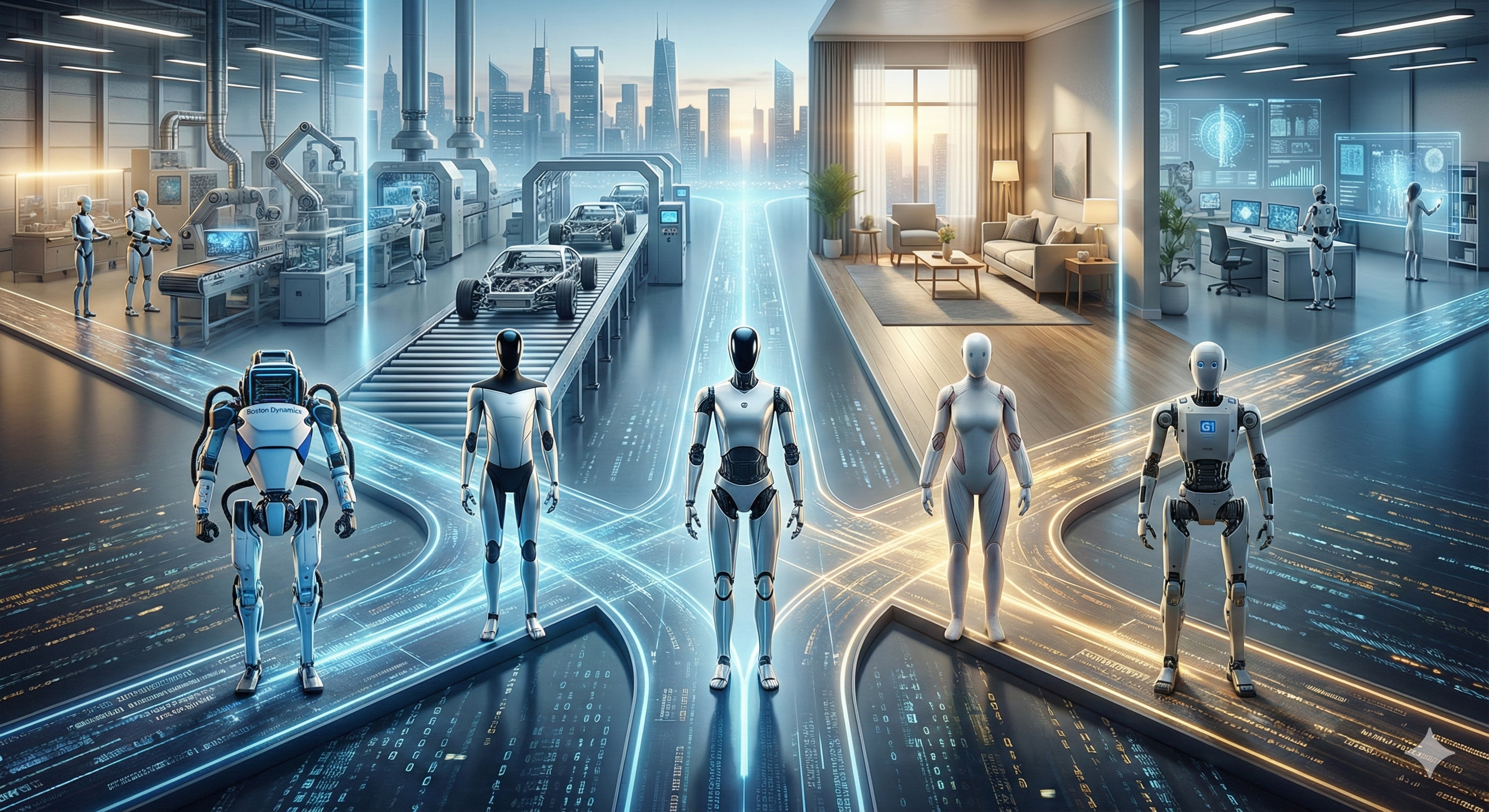 Humanoid robots comparison 2026 featuring Boston Dynamics Atlas, Tesla Optimus, and Figure 03 at an industrial and home crossroads.