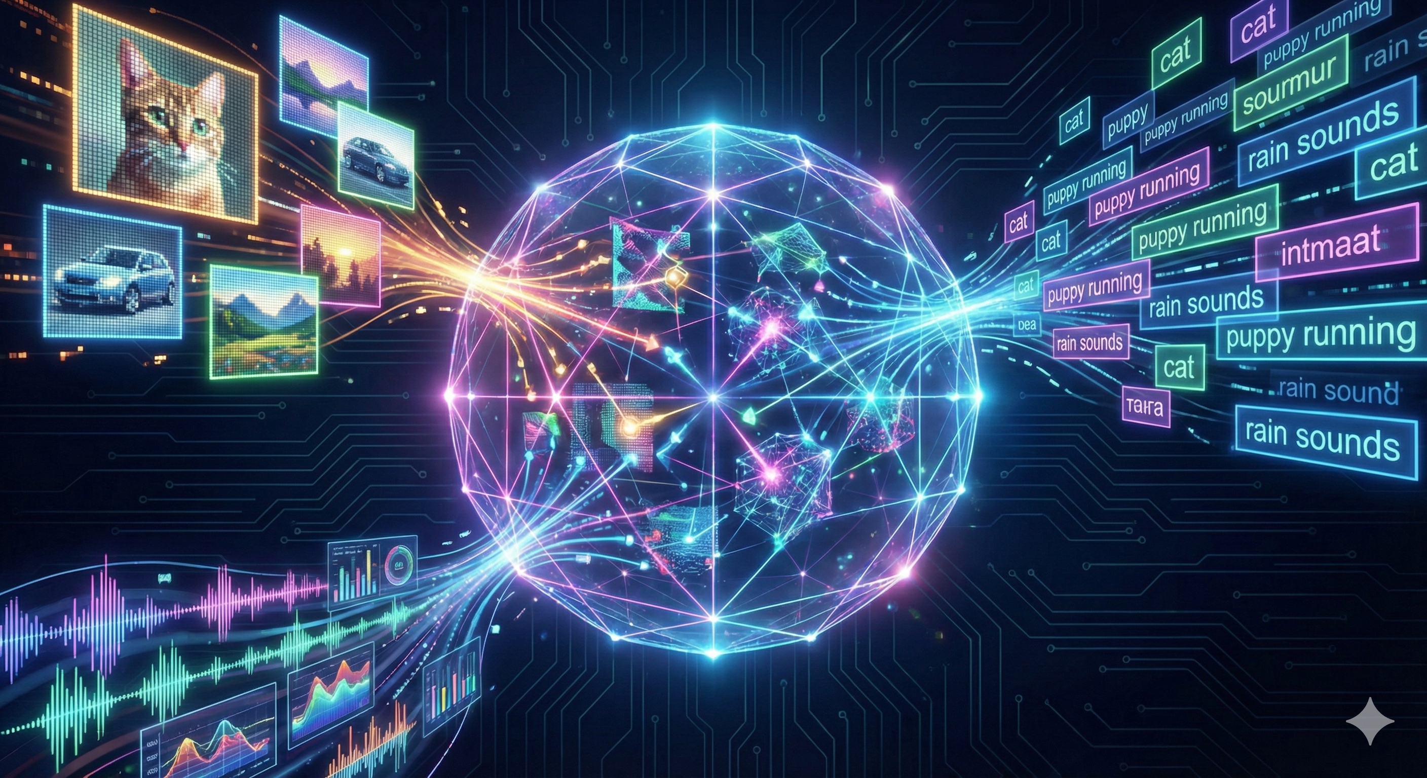 A futuristic, abstract illustration showing glowing streams of data from images (a cat, cars, landscapes), text blocks ("cat," "puppy running," "rain sounds"), and audio waveforms converging into a central, interconnected sphere, representing a shared multimodal embedding space in AI.