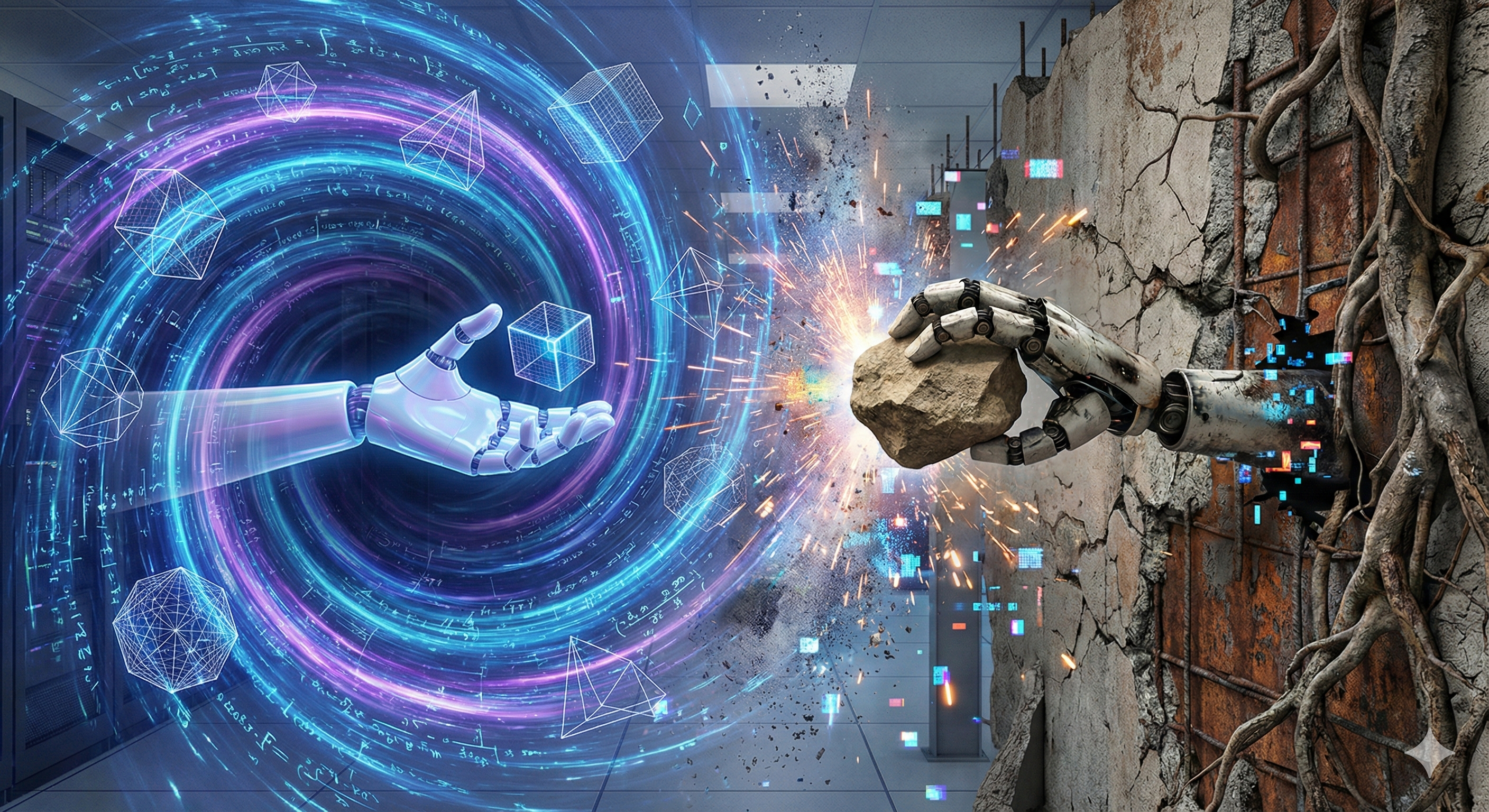 A high-tech bipedal robot stepping from a blue digital grid simulation through a portal into a realistic, rocky outdoor environment, symbolizing the Sim-to-Real transition in robotics.